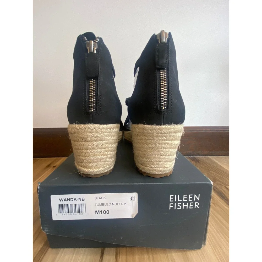 Eileen Fisher Wanda Black Nubuck Espadrille Wedge Sandals Womens 10 WANDA-NB
